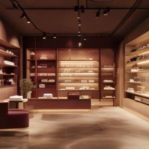 Warm boutique interior with wooden shelves displaying products and a small seating area near the front.