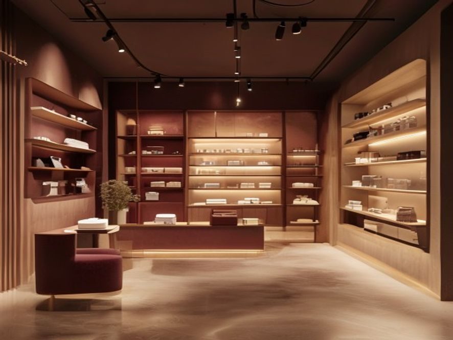 Warm boutique interior with wooden shelves displaying products and a small seating area near the front.