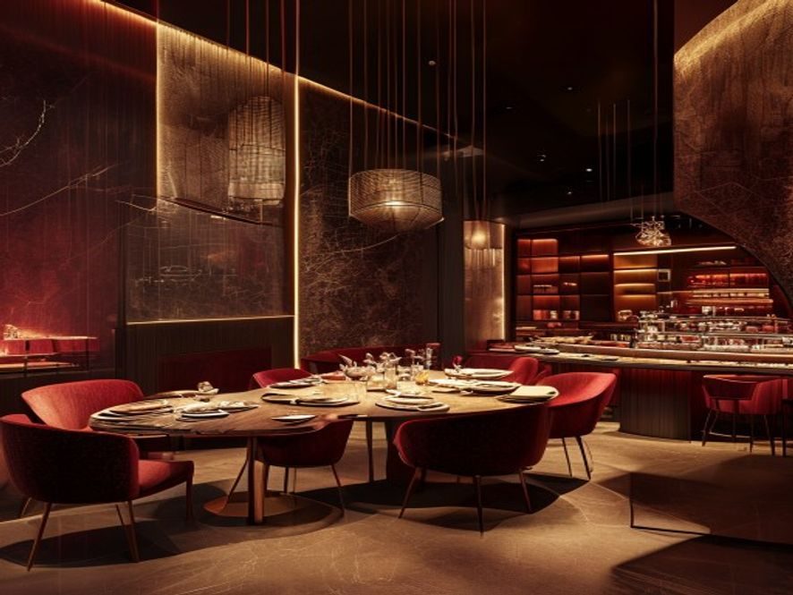 Elegant, dimly lit fine-dining restaurant interior with a round table set for six and red upholstered chairs, warm pendant lighting, and a curved bar in the background.