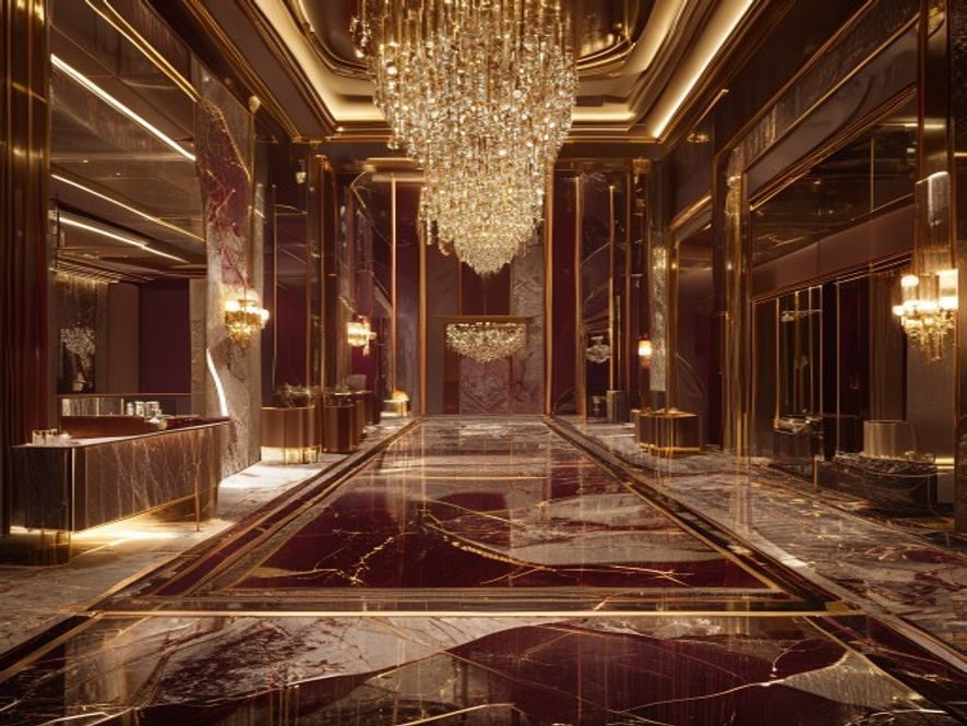 Luxurious hotel lobby with a crystal chandelier, marble floors, and gold accents.