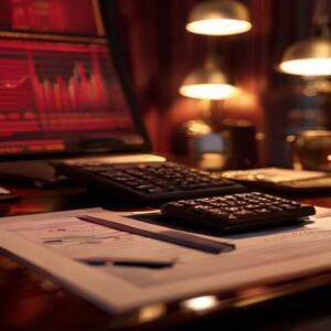 Dimly lit desk with laptop displaying graphs, calculator, and scattered documents for financial work.