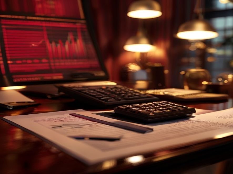 Dimly lit desk with laptop displaying graphs, calculator, and scattered documents for financial work.