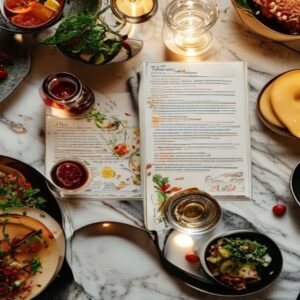 Top-down view of a marble table spread with multiple plated dishes, a lit candle, and an open menu in the center.