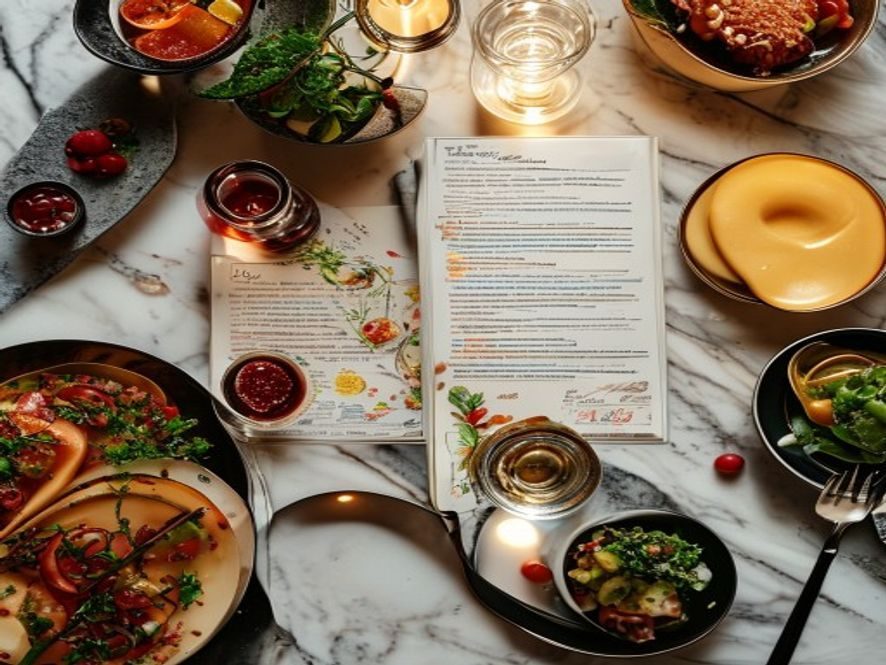 Top-down view of a marble table spread with multiple plated dishes, a lit candle, and an open menu in the center.