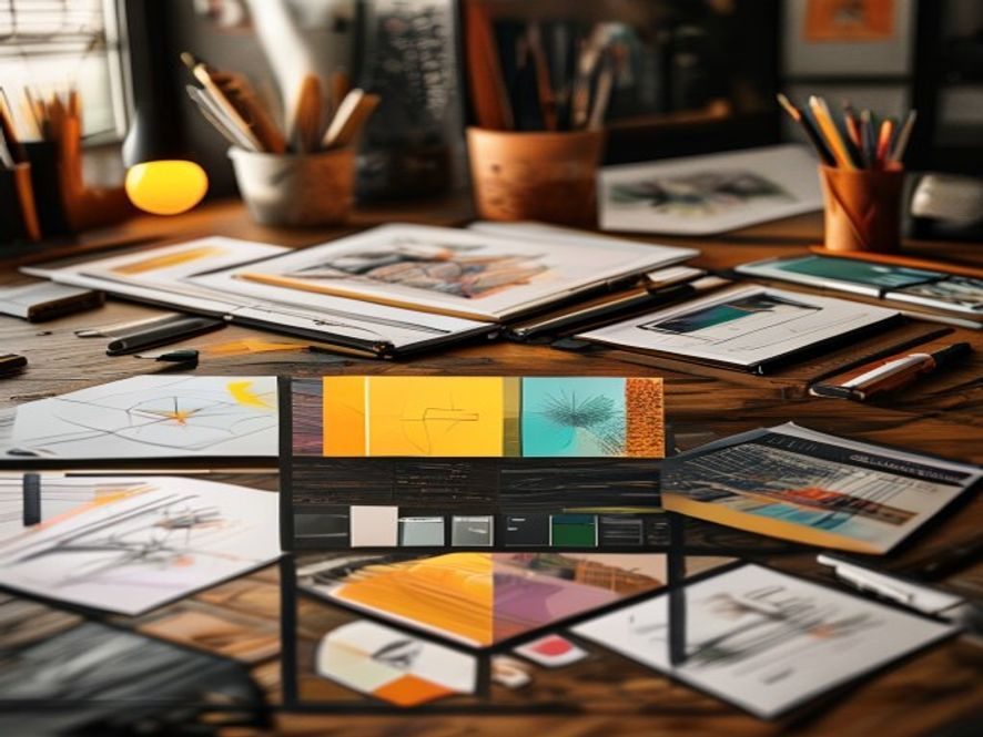 Designer’s workstation with color swatches and mood boards spread on a wooden table, pencils in cups nearby.