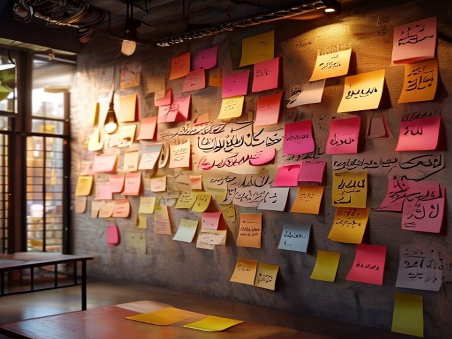 Wall covered with sticky notes in Arabic on a dimly lit cafe interior, colorful and varied in size and handwriting.