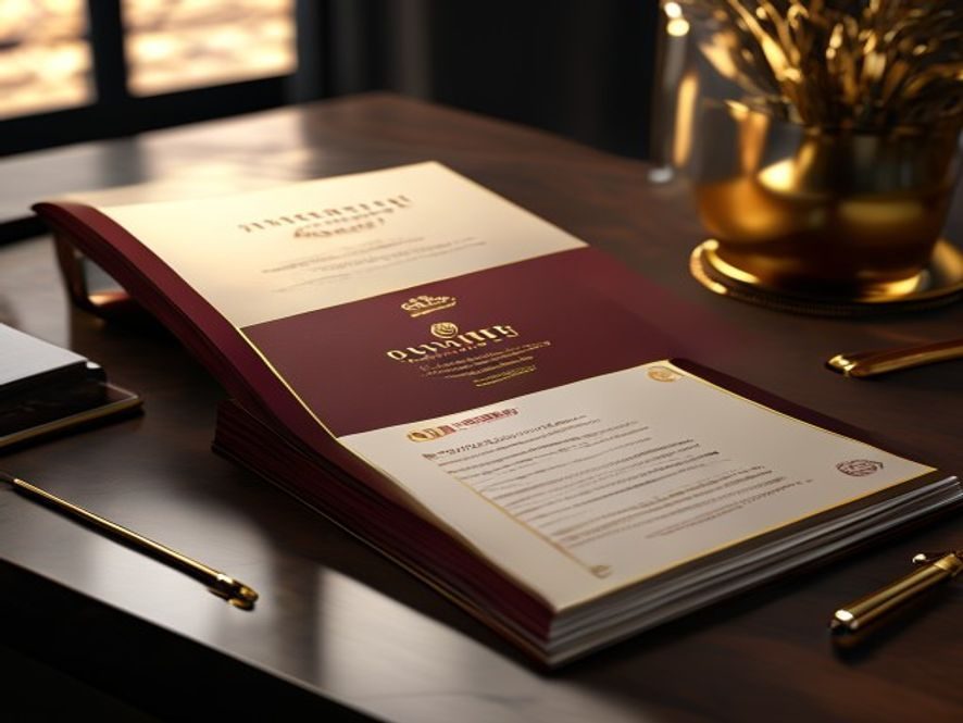 Open burgundy and white brochure/folders fanned out on a dark wooden table with gold utensils and a plant nearby, suggesting a formal menu or program.