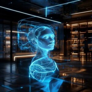 Blue holographic bust of a woman with glowing circuits in a futuristic lab setting