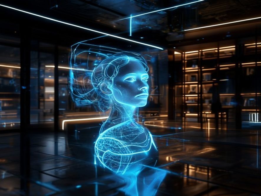 Blue holographic bust of a woman with glowing circuits in a futuristic lab setting