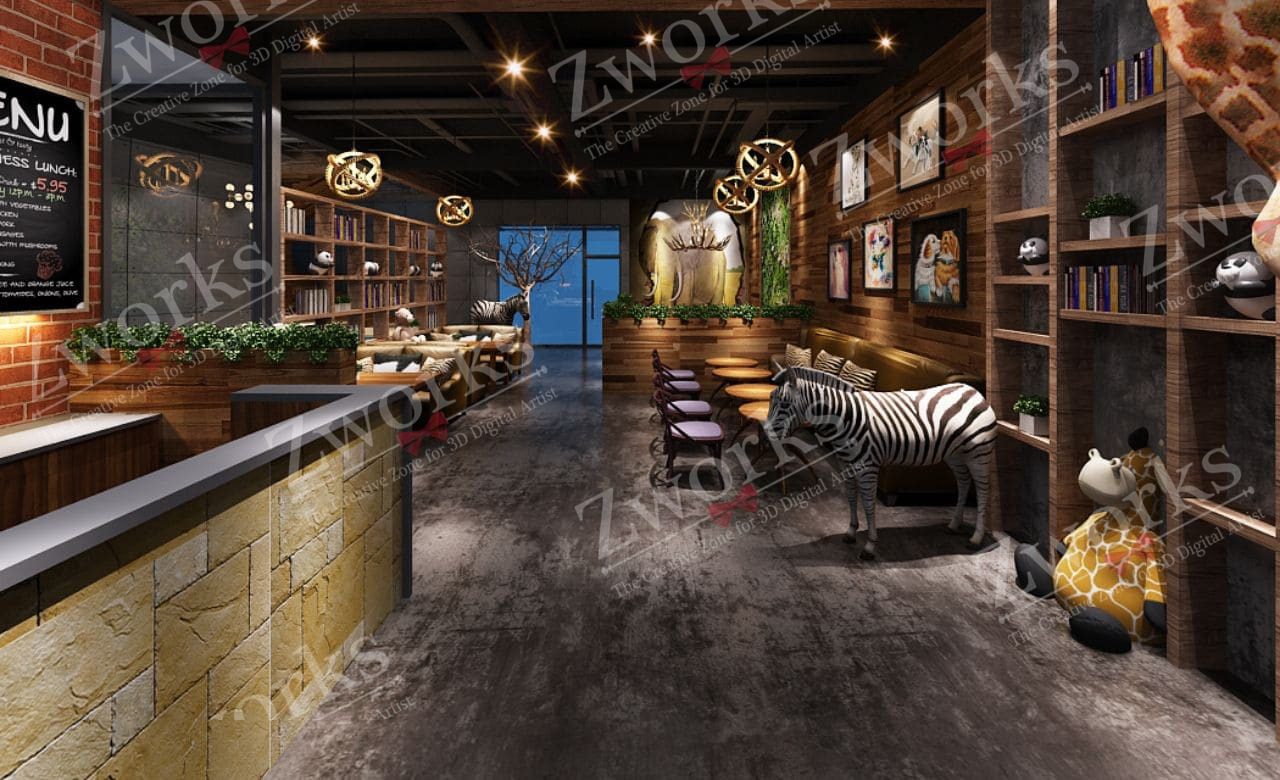 Wooden 3D Coffee Shop Interior design